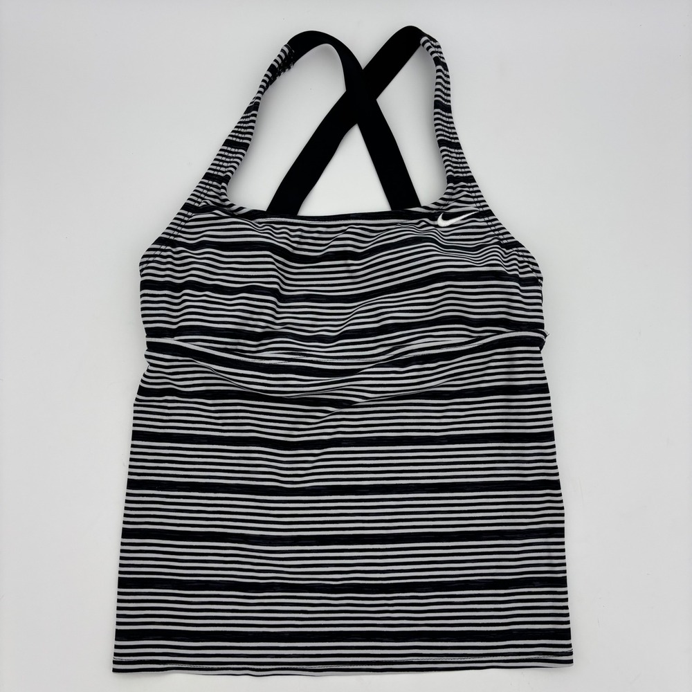 NIKE Tankini Swim Top Swimsuit Sporty Striped Black White Shelf Bra Medium